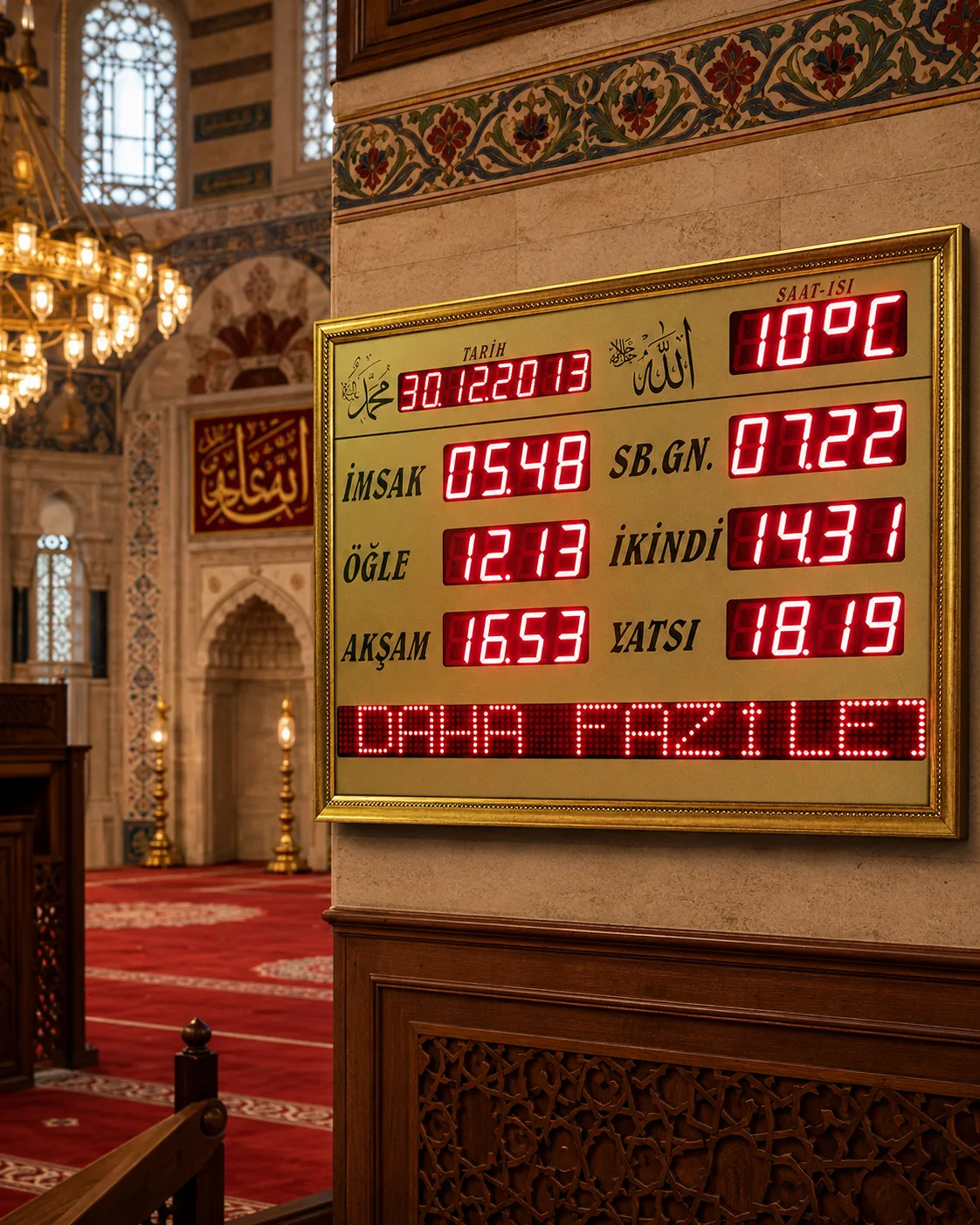 Kayan yazı alanlı Vakitmatik cami panosu