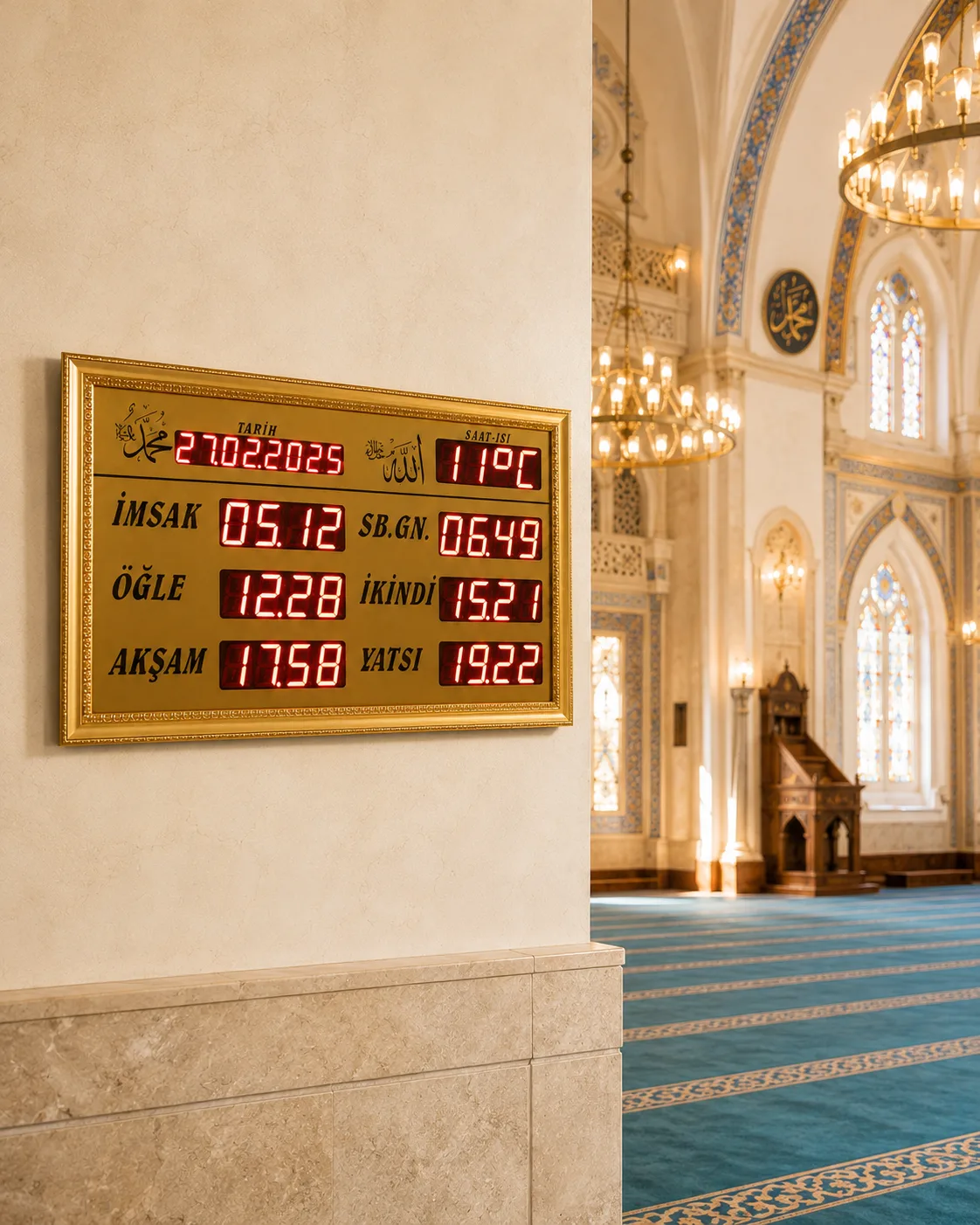 Yatay Vakitmatik cami saati ve namaz vakti panosu